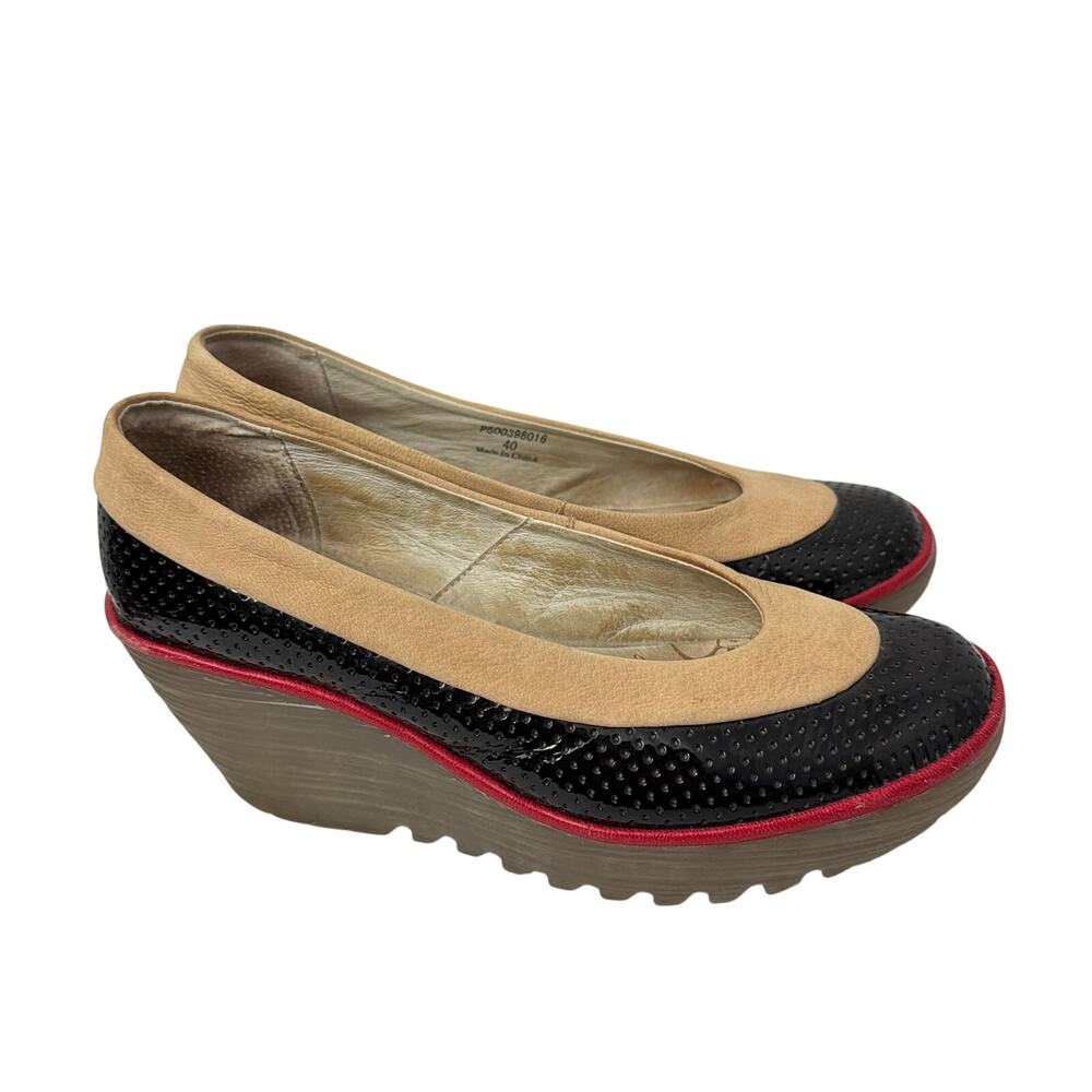 Fly London Black Patent and Tan Wedge Shoes with Red Trim